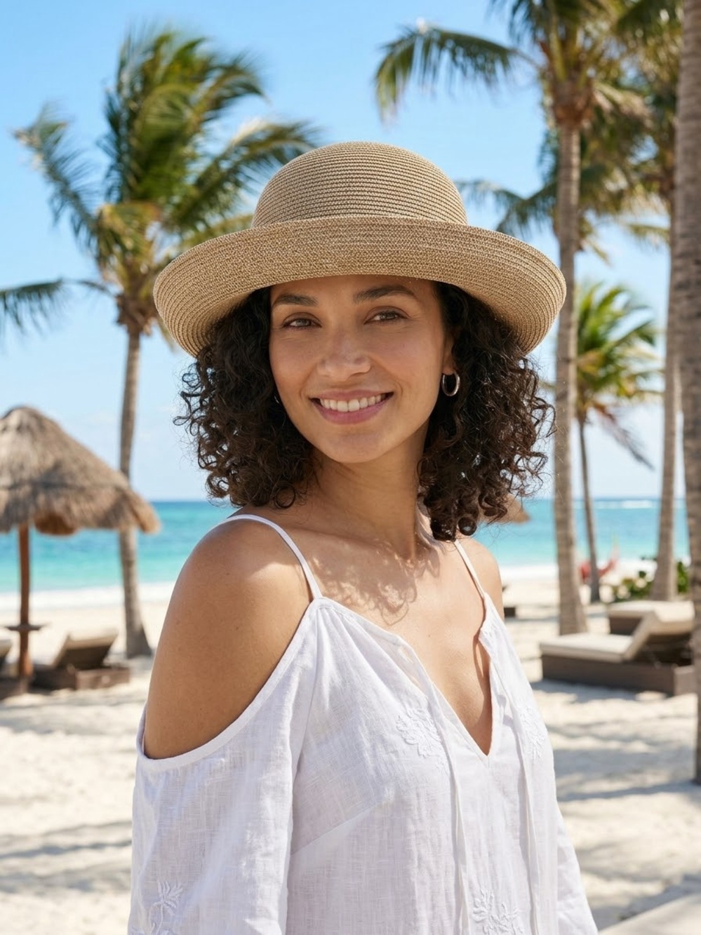 betmar Beige Straw Sun Hat with Rolled Brim